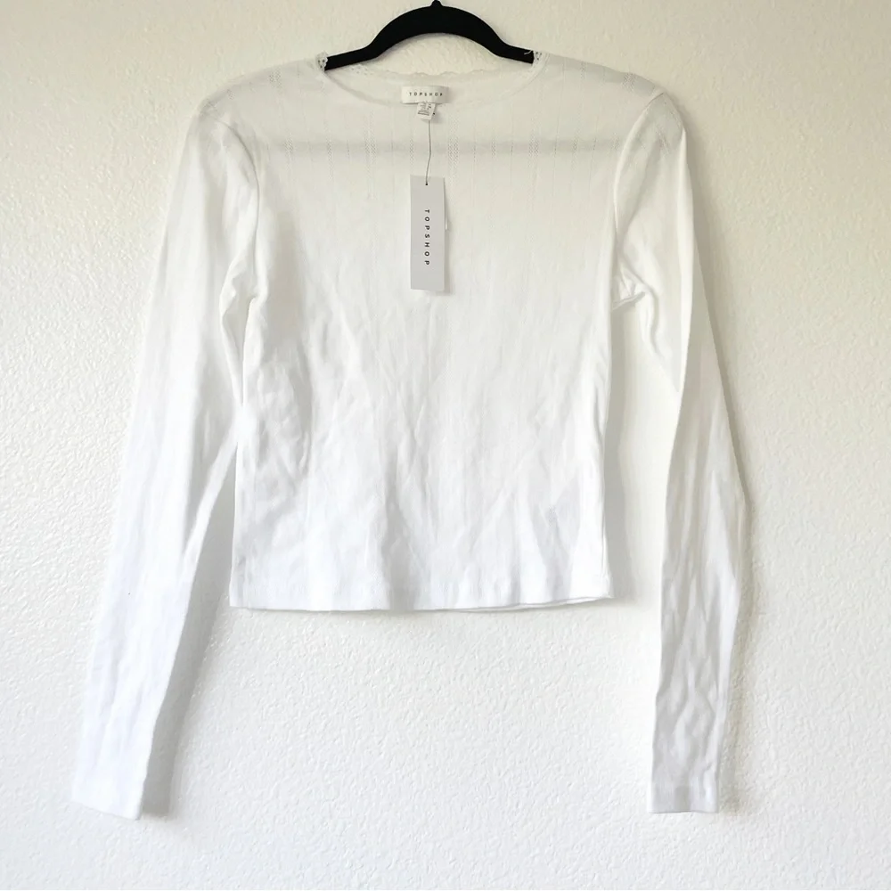 Topshop white long sleeve pointelle crop top lace eyelet design - Picture 3 of 4